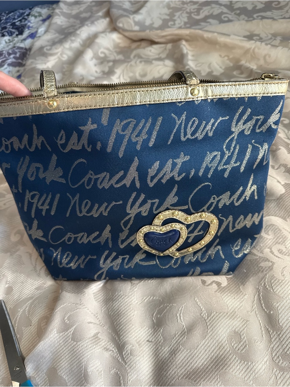 Coach Blue Graffiti Script Tote Bag Gold Trim Heart Charm Zip Top Purse - Picture 4 of 10